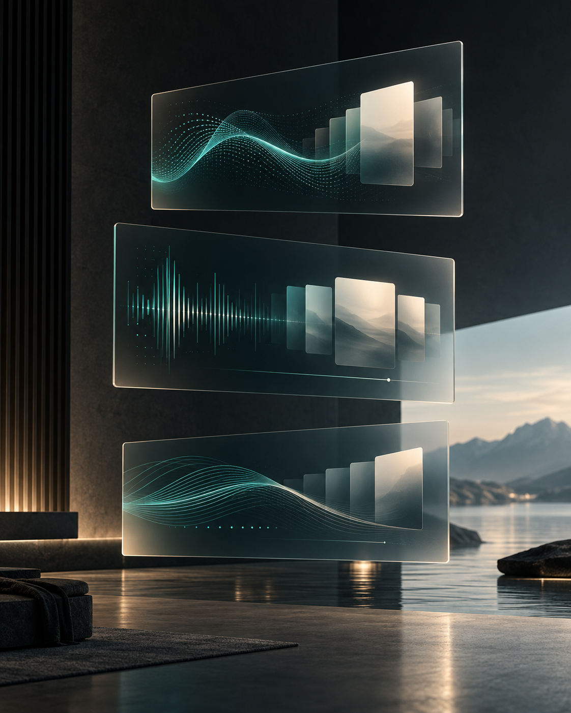 Three abstract display planes connected by aqua signal paths